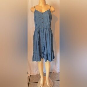 A-Line Blue Denim Spaghetti Strap MIDI Dress